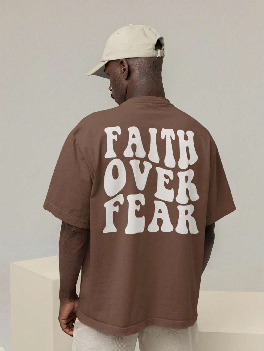 Men's Oversized T-Shirt 100% Premium Cotton Faith Over Fear Streetwear Shirt - 鏽棕色 - 查看 1