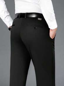 Men's Wrinkle-Resistant Elastic Business Trousers, Solid Color Straight Leg Slanted Pocket Casual Pants, Daily & Commute Wear