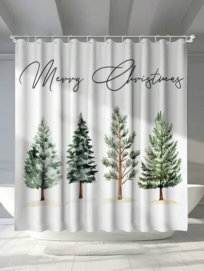 1pc Christmas Tree & Merry Christmas Pattern Digital Print Mildew Resistant Waterproof Christmas Decor Shower Curtain, 12 Plastic Hooks And Metal Eyelets, Sturdy Home Bathroom Accessory Home Bathroom Decor Fall Decor Bathroom Accessories Back To School