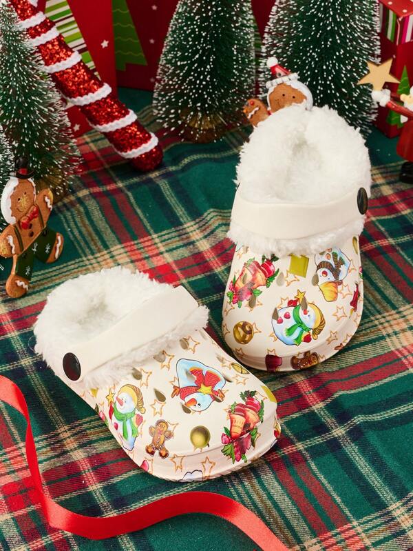 Cozy Thermal Lined Anti-Slip Christmas Clogs For Kids, Casual Comfort Wear, Autumn/Winter