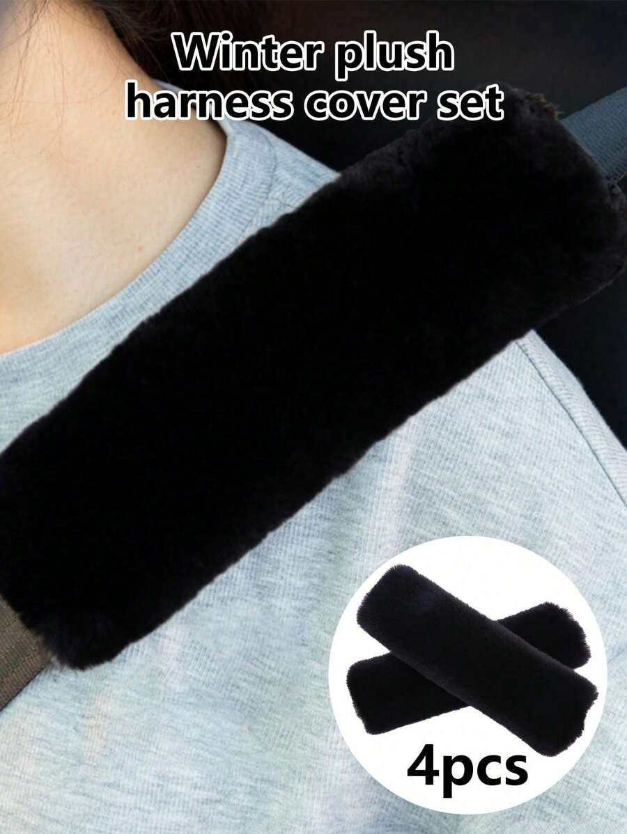 4 件装新款冬季毛绒安全带套，温暖肩带套，蓬松汽车配件冬季毛绒安全带套 - 4件 - 查看 1