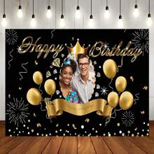 Zwarte en gouden achtergrond, aanpasbaar portret, gelukkige verjaardag, achtergrondstof, gouden ballonnen, vuurwerklinten, aangepaste portretontwerpen voor verjaardagsfeestjes, taart, tafeldecoratie, banner, vinyl
