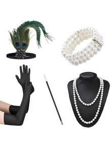 Set de 6 accesorii și pălării la modă în stil Paște/anii 1920, inclusiv bentiță cu pene, mănuși, colier lung cu perle artificiale, suport pentru țigări, brățară cu 3 rânduri de perle artificiale pentru petrecere, spectacol, costum de Ziua Mamei și Halloween