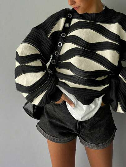 FOR BEAUTY Autumn And Winter New Women Black Round Neck Wavy Striped Contrasting Long Sleeved Knitted Sweater For Tops Women, Fashion Loose And Comfortable Dopamine Lantern Sleeve Pullover Keep Warm Sweater Christmas Tops New Year