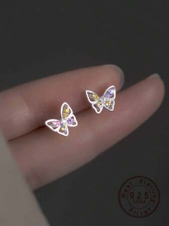 1 Pair S925 Sterling Silver Cute Simple Colorful Crystal Butterfly Stud Earrings For Girl