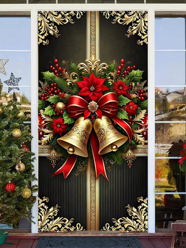 1pc, Luxurious Christmas Bell Garland Banner, 35x70.8 Inch Polyethylene Door Decor, Merry Christmas Background Cloth, Photography Hanging Cover Photo Booth Prop, Home Doorway Decoration, Suitable For Christmas Decor And Welcoming New Year Carnival Scenes
