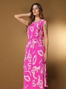 Belala Moda New Dress With Elastane At The Neck And With A Rope At The Waist With Print - 玫瑰紅 - 查看 2
