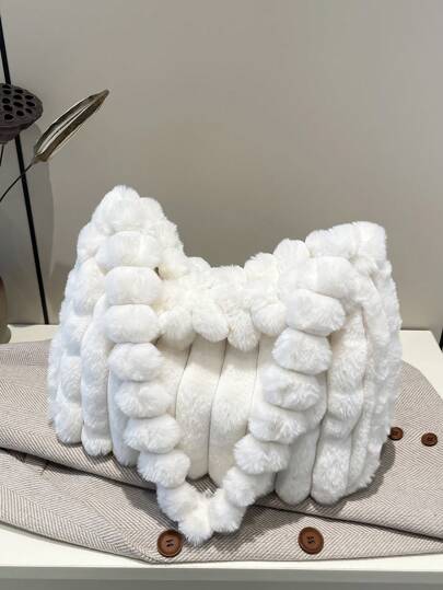 潮流欧美毛绒手提包，大容量，优雅品质，纯色时尚女士手提包，2024年秋冬新品