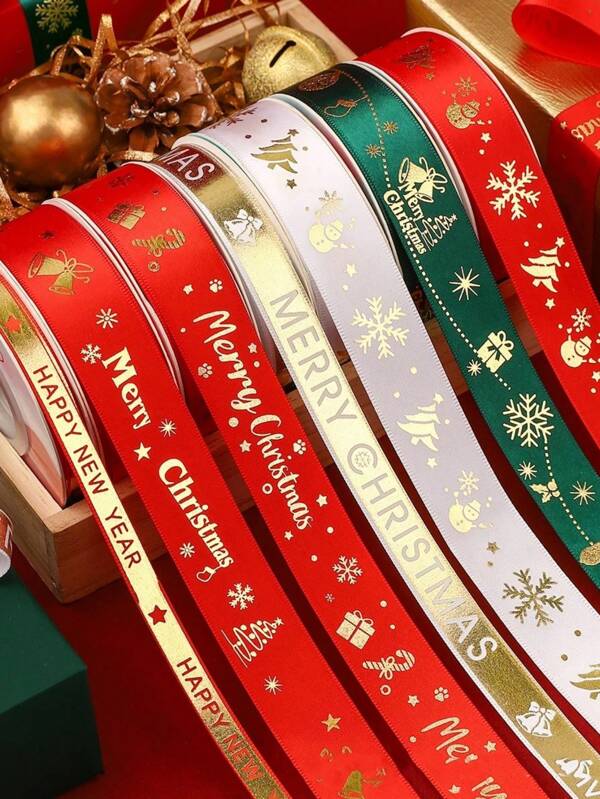 1 Piece Of Christmas Ribbons, Satin, Golden Christmas Tree And Snowflake Patterns, Non-Electric, Feather-Free, Suitable For Handicrafts, Gift Wrapping, Party Decoration