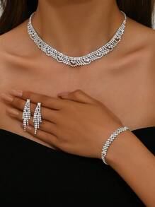 1 套时尚百搭水钻耳环、项链和手链首饰套装，适合女性日常、宴会和派对佩戴（产品不含盒子） - 首飾套裝 - 查看 1
