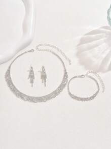 1 套时尚百搭水钻耳环、项链和手链首饰套装，适合女性日常、宴会和派对佩戴（产品不含盒子） - 首飾套裝 - 查看 3