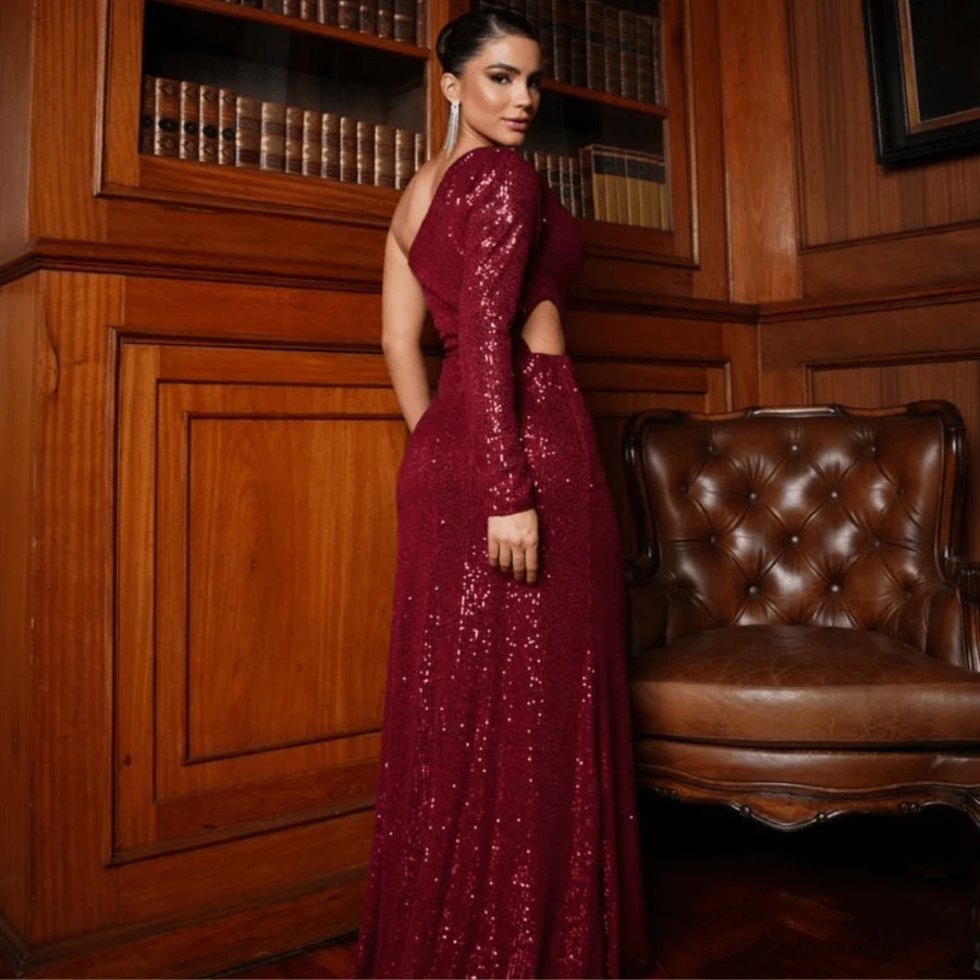LONG SINGLE SLEEVE GLITTERY DRESS FOR EVENTS AND PARTIES. - 酒紅色 - 查看 1