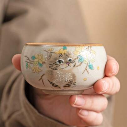 1 件汝窑小猫陶瓷茶杯，随机裂纹汝瓷杯主人杯，中式功夫茶具小茶杯家居装饰茶杯