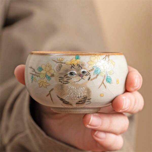 1 pieza Taza de té de cerámica de gatito al horno Ru, taza de porcelana Ru agrietada al azar, taza de propietario, juego de té de estilo chino kung fu, taza de té pequeña, decoración del hogar