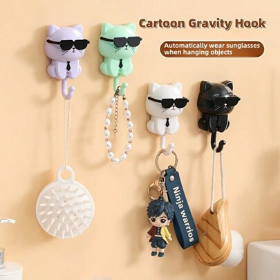 1pc Creative Cartoon Cat Shaped Key Holder Hook, School Opening Adhesive Wall Mount, No Drill Easy Installation, Plastic Casual Style Hanger With Eyeglass Gravity Function, Suitable For Home, Kitchen, Bathroom, Bedroom, Office - Casual Style Wall Mounted Plastic Key Chain Holder With Special Easy Installation Features