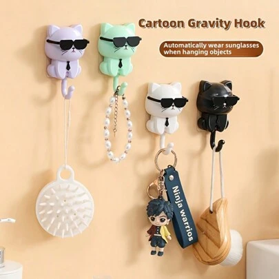 1pc Creative Cartoon Cat Shaped Key Holder Hook, School Opening Adhesive Wall Mount, No Drill Easy Installation, Plastic Casual Style Hanger With Eyeglass Gravity Function, Suitable For Home, Kitchen, Bathroom, Bedroom, Office - Casual Style Wall Mounted Plastic Key Chain Holder With Special Easy Installation Features