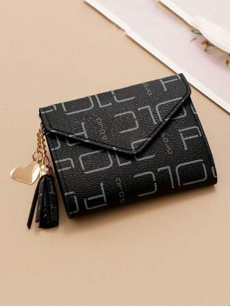 女士时尚字母流苏短钱包配心形吊坠装饰，复古大容量三折迷你手提包，多功能卡包钱包，万圣节、圣诞节的完美礼物