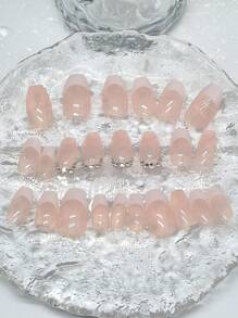 24 件短款棺材形假指甲，带白色法式尖头、水钻装饰指甲贴，附带 1 个指甲锉和 1 个果冻凝胶按压指甲 美甲用品 美甲