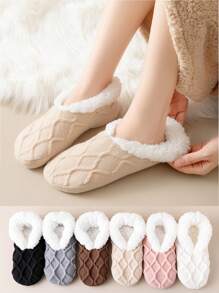 1 Pair Women's Twist Design Thick Wool Lined Non-Slip Slipper Socks, Ideal For Indoor/Home, Great Gift For Winter