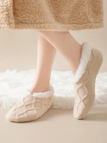 1 Pair Women's Twist Design Thick Wool Lined Non-Slip Slipper Socks, Ideal For Indoor/Home, Great Gift For Winter