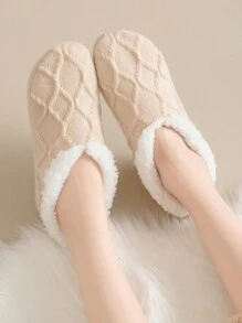 1 Pair Women's Twist Design Thick Wool Lined Non-Slip Slipper Socks, Ideal For Indoor/Home, Great Gift For Winter
