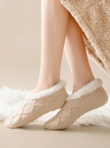 1 Pair Women's Twist Design Thick Wool Lined Non-Slip Slipper Socks, Ideal For Indoor/Home, Great Gift For Winter