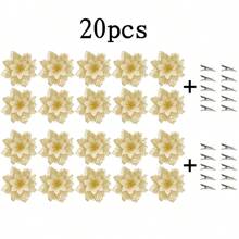 Set de 10 piezas de adornos navideños de flores de Nochebuena con brillo - Flores de Nochebuena artificiales con pinzas y tallos, para decorar coronas navideñas, decoración festiva de Navidad y Año Nuevo