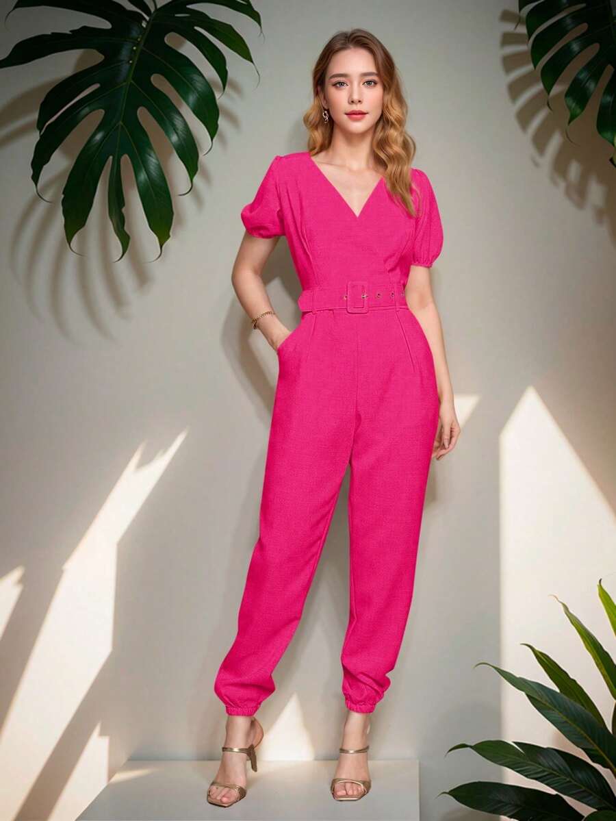Linen Jumpsuit With Puff Sleeves - Hồng - Xem 1