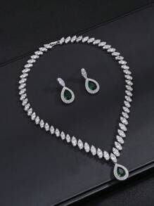 3 件/套方晶锆石项链耳环套装婚礼珠宝派对女士水滴节日饰品 - 水滴 - 查看 9