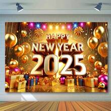2025 年新年快乐横幅 - 金色烟花设计，涤纶，非常适合室内庆祝和节日聚会