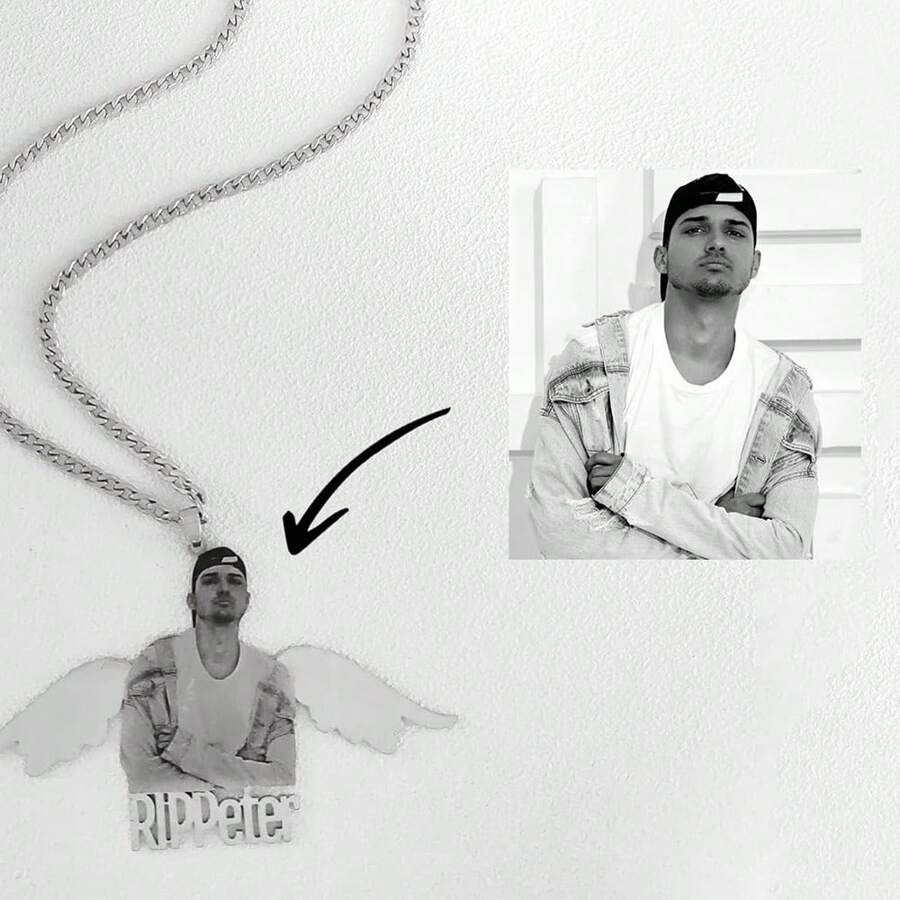 定制天使翅膀照片雕刻名字项链，个性化照片雕刻吊坠项链，不锈钢激光雕刻肖像/宠物图片项链家庭情侣结婚纪念日圣诞节节日礼物送给朋友/家人 - 款式2 - 查看 1