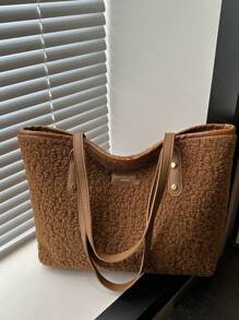 Minimalist Large Capacity Handbag Women 2024 Autumn Winter New Fashion Casual Plush Tote Bag, Chic Solid Color Commuter Shoulder Bag