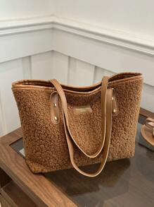 Minimalist Large Capacity Handbag Women 2024 Autumn Winter New Fashion Casual Plush Tote Bag, Chic Solid Color Commuter Shoulder Bag