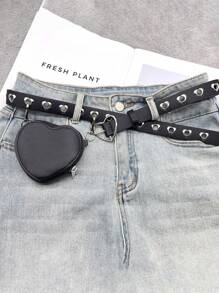 1pc Girls Heart Buckle Belt With Mini Detachable Pouch - Casual Punk Style PU Leather Waist Belt
