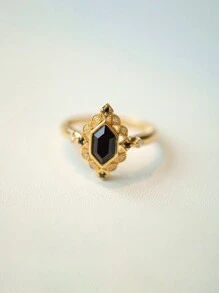 1pc Vintage Luxurious Geometric Black Synthetic Gemstone & Zirconia 925 Sterling Silver Ring, Suitable For Women Daily Wear, Holiday & Party Jewelry Gift