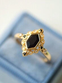 1pc Vintage Luxurious Geometric Black Synthetic Gemstone & Zirconia 925 Sterling Silver Ring, Suitable For Women Daily Wear, Holiday & Party Jewelry Gift