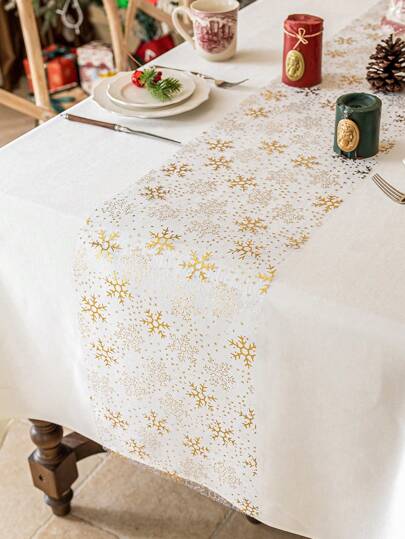1 件雪花桌旗，闪光箔金属网，金色桌面装饰，适用于活动、派对、婚礼、生日派对、圣诞节（金色、银色）
