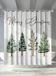1pc Christmas Tree & Merry Christmas Pattern Digital Print Mildew Resistant Waterproof Christmas Decor Shower Curtain, 12 Plastic Hooks And Metal Eyelets, Sturdy Home Bathroom Accessory Home Bathroom Decor Fall Decor Bathroom Accessories Back To School