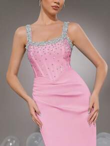 Modphy 性感无袖重工水钻紧身连衣裙，优雅褶皱开衩正式晚礼服，适合伴娘、派对、婚礼活动、派对礼服、婚礼宾客礼服 - 粉色 - 查看 6