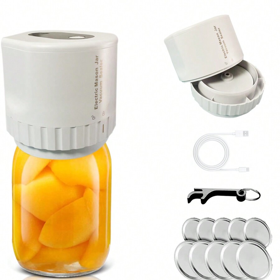 1set, Mason Jar Electric Vacuum Sealer With 10 Lids, Wide Mouth And