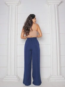 Tailored Wide Leg Pants With Elastic At The Back - 藏蓝色 - 查看 2