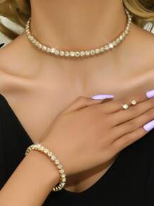 4pcs Women's European And American Fashion Wedding Set Fashion Earrings Necklace Bracelet Rhinestone Bridal Claw Chain Wedding Party Birthday Gift - Silver - View 15