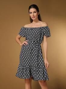 Women's Short Off-The-Shoulder Dress With Floral Print - 黑色 - 查看 3