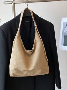 1 件女士麂皮鹿绒翻盖毛皮手提包，大容量通勤手提包，复古风格，适合秋冬季 - 卡其色 - 查看 1