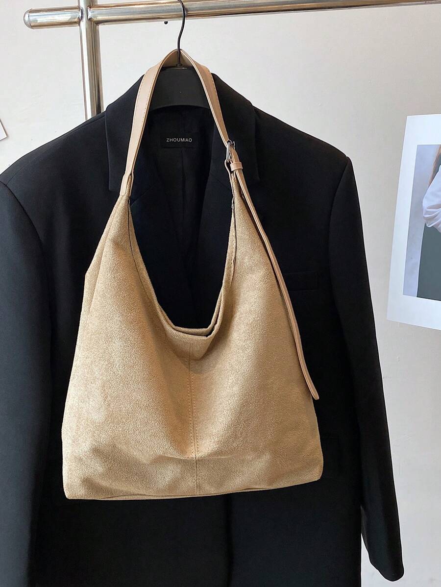 1 件女士麂皮鹿绒翻盖毛皮手提包，大容量通勤手提包，复古风格，适合秋冬季 - 卡其色 - 查看 1