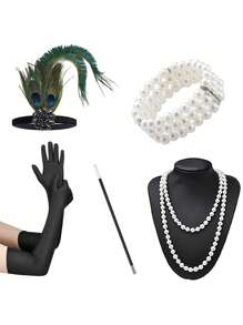 Set de 6 accesorii și pălării la modă în stil Paște/anii 1920, inclusiv bentiță cu pene, mănuși, colier lung cu perle artificiale, suport pentru țigări, brățară cu 3 rânduri de perle artificiale pentru petrecere, spectacol, costum de Ziua Mamei și Halloween