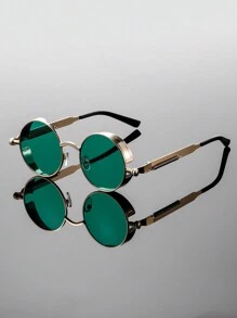 1副女士全框圆形眼镜，时尚男士金属框眼镜，春季装饰镜腿，别致绿色眼镜，奢华复古蒸汽朋克眼镜，适合旅行和街头拍照佩戴 - 多色2 - 查看 7