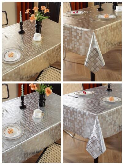 1pc Premium PVC Tablecloth, Dirt-Resistant, Waterproof, Oil & Heat Proof, Easy To Clean, Gold & Silver Plaid Pattern, For Home Decor, Daily Use In Living Room, Kitchen, Dining Table, Coffee Table, Suitable For Weddings, Christmas, Parties
