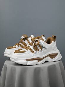 男士潮流高端网眼透气系带厚底跑步鞋，厚底休闲拼接白色运动鞋 - 白棕 - 查看 3