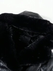 Giolshon Women's Fall/Winter Faux Leather Puffer Jacket, Faux Fur Collar,Teacher Outfits , Adjustable Belt For Chic Commuting & Layering - Black - View 5